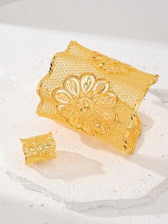 2pcs Gold Color Bangle & Ring Jewelry Set For Women, 24K Gold Plated Copper Material, High-End & Elegant Festive