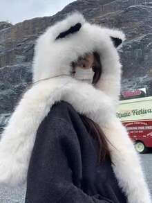 1 件可爱狐狸耳朵毛绒帽子，附带围巾，女士冬季保暖耳帽，多功能学生围脖，防寒 - 彩色 - 查看 5