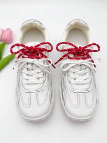 New Lacing Style Colorblock Shoelaces, White Flat Laces + Multi-Color Dotted Woven Shoelaces For Basketball Shoes, Canvas Shoes, Sneakers, Unisex