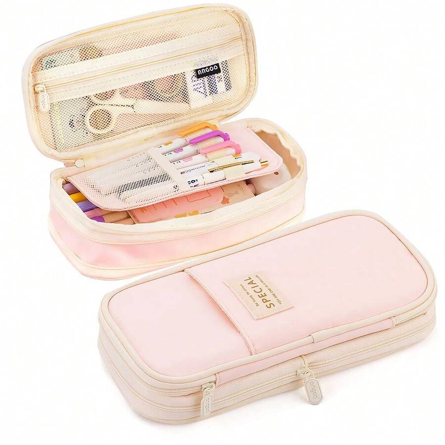 Large Capacity Pencil Case With Compartments, Expandable Pencil Bag Pouch For School & Office Supplies, Portable Stationery Organizer And Makeup Cosmetic Bag - 淺藍色 - 查看 1