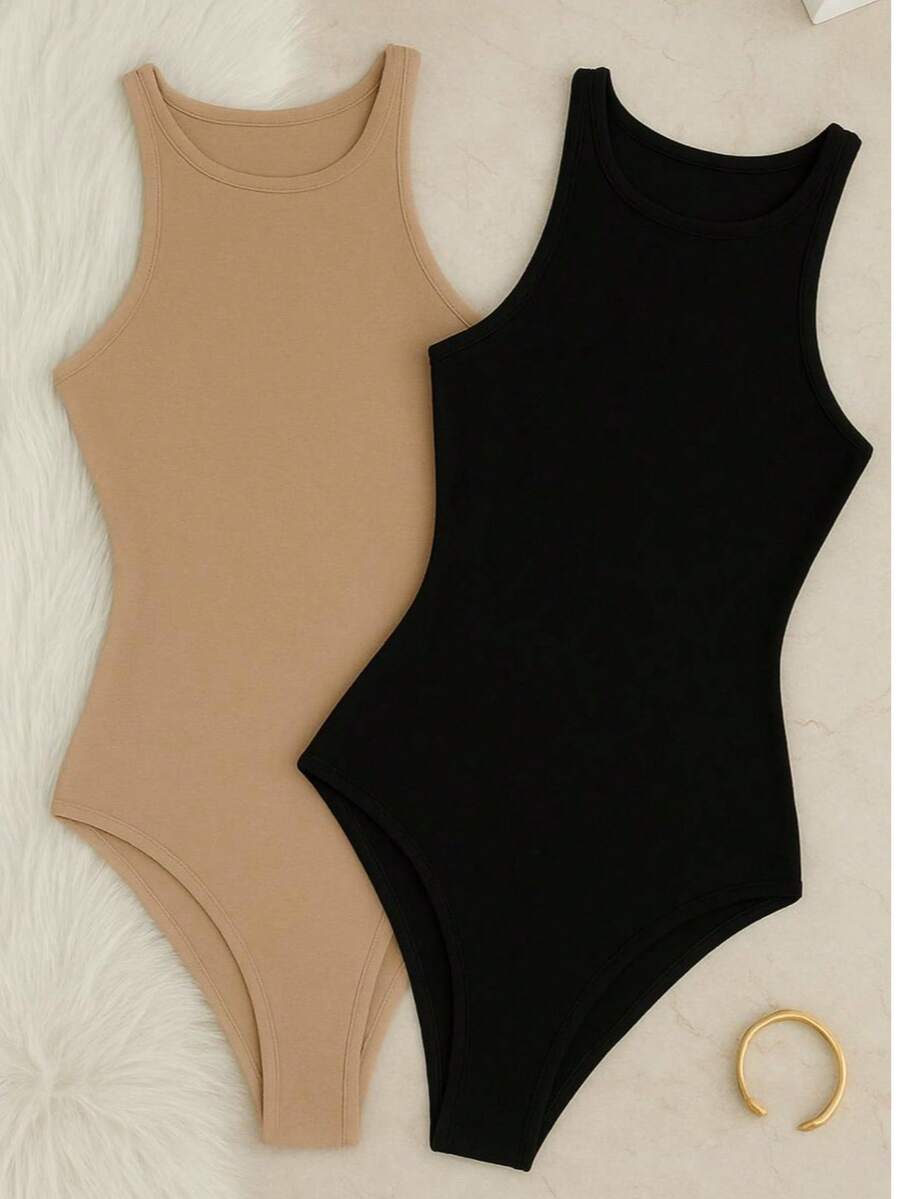 Kit 2 Bori Women's Bodysuits Basic Tank Top Casual Style Lined Second Skin Leotard Chic Timeless - 裸色/黑色 - 查看 1