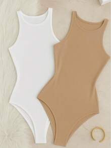Kit 2 Bori Women's Bodysuits Basic Tank Top Casual Style Lined Second Skin Leotard Chic Timeless - 裸色/白色 - 查看 1