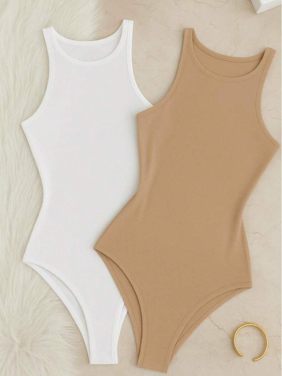 Kit 2 Bori Women's Bodysuits Basic Tank Top Casual Style Lined Second Skin Leotard Chic Timeless - 裸色/白色 - 查看 1