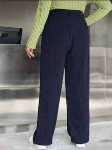 Calça Reta Solta De Cor Sólida Plus Size Com Bolsos Estilo Versátil Social Feminina Pantalona De Terno - Azul Marinho - Visão 3