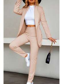 Elegante conjunto de traje azul de manga larga para mujer con cuello chal pantalones largos y detalles de botones - Beis - Ver 1