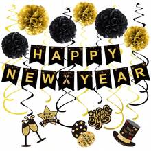 New Year Party Decor Black & Gold Luxurious Style Horizontal Banner, Paper Flower Balls, Spiral Hanging Ornaments Set - Multicolor - View 16