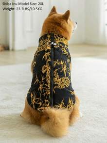 1pc Black Background Golden Dragon Totem Print Gourd Quilted Cotton Dog Coat With Back Zipper, Washable Pet Jacket Suitable For Large, Medium And Small Dogs, For Indoor Or Outdoor Wear