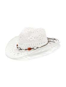 1pc Unisex Cowboy Hat With Gemstone Decor, Hollow Printed Straw Hat, Suitable For Spring/Summer Travel, Beach, Casual Sun Protection. (After Receiving The Product, If The Brim Is Deformed, It Needs To Be Manually Adjusted Back.) - White Beads - View 23