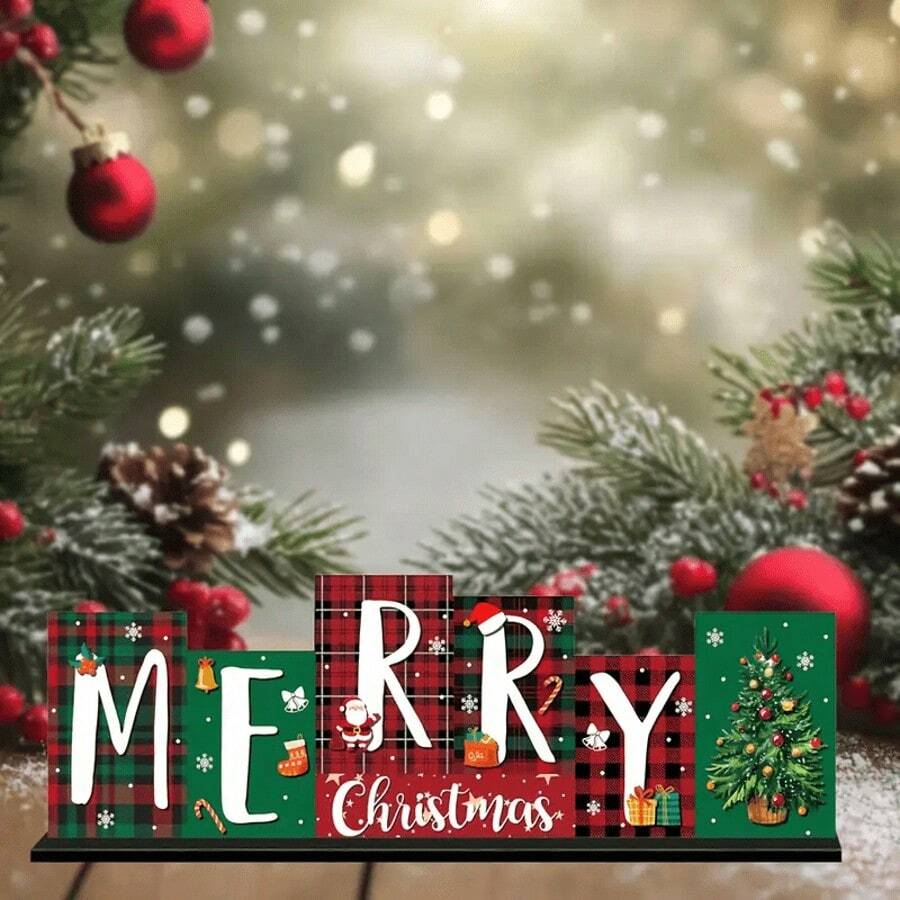 1 Peça Peça Central de Mesa de Madeira Estilo Fazenda para o Natal com Letras "Feliz Natal" - Decorações Assimétricas de Letras em Bloco com Padrões Xadrez e Xadrez, Galhos de Pinheiro e Flocos de Neve - Decorações Festivas para Mesa ou Parede para Casa, Festa, Lareira - Placa de Madeira de Natal, Decoração de Temporada para Casa, Planejamento de Festa, Decoração de Casa