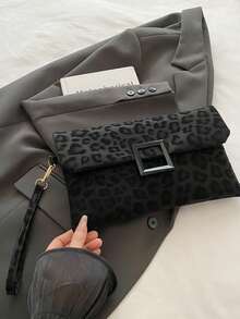 女士手拿包，时尚豹纹小方包，翻盖手提包 - 黑色 - 查看 4