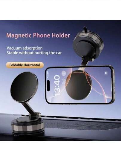 Car Phone Stand With Mechanical Vacuum Suction Cup, 360° Rotation, Strong Magnetic Adsorption, Universal Holder, Includes 1 Magnetic Plate Accessory