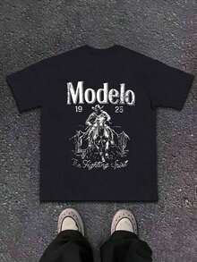 1pc Modelo Camiseta de Hombre con Estampado Gráfico 100% Algodón, Estilo Deportivo Casual, Estilo de Calle a la Moda, Adecuada para Viajes y Ropa Deportiva - Negro - Ver 4
