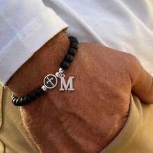 1pc New Matte Stainless Steel Letter & Round Cross Beaded Bracelet (Men) - Black - View 1