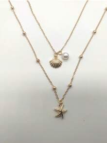 2-częściowy zestaw naszyjników z muszli dla kobiet, pozłacany 14-karatowym złotem, regulowany, warstwowy naszyjnik z muszli rozgwiazdy, sztuczna perła, zawieszka, biżuteria do łączenia na letnie wakacje na plaży, biżuteria letnia, codzienna, prezent urodzinowy, prezent dla przyjaciółki