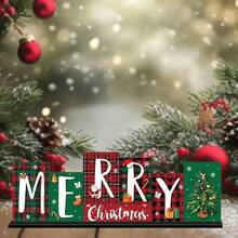 1 Peça Peça Central de Mesa de Madeira Estilo Fazenda para o Natal com Letras "Feliz Natal" - Decorações Assimétricas de Letras em Bloco com Padrões Xadrez e Xadrez, Galhos de Pinheiro e Flocos de Neve - Decorações Festivas para Mesa ou Parede para Casa, Festa, Lareira - Placa de Madeira de Natal, Decoração de Temporada para Casa, Planejamento de Festa, Decoração de Casa