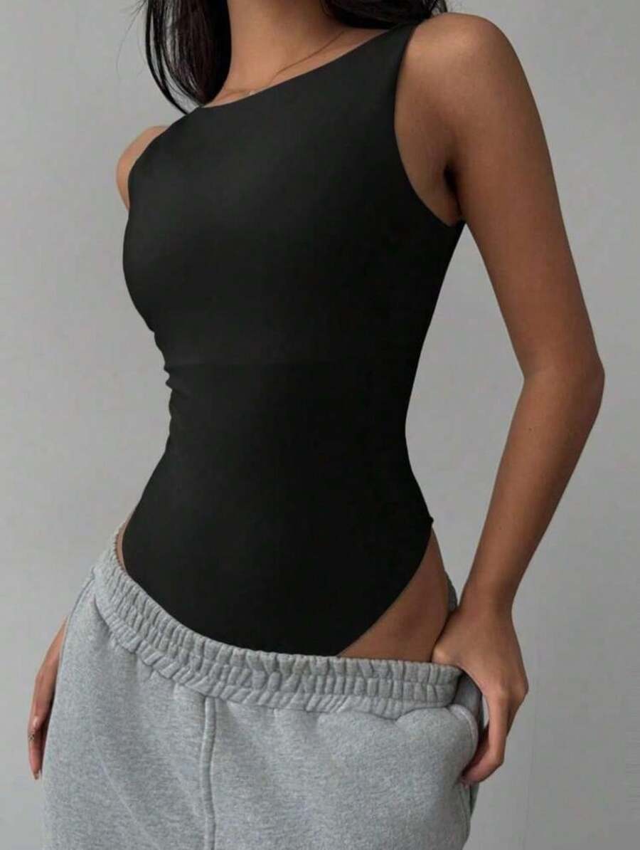 Women's Sleeveless Leotard Bodysuit U-Neck Low Neck Basic Casual Suplex Without Pad - 黑色 - 查看 1