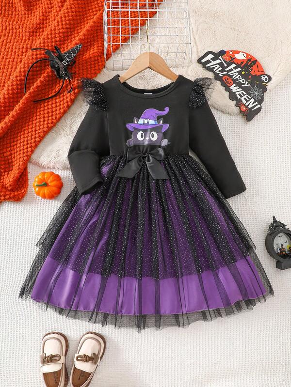 Girls Casual Outdoor Fitted Cartoon Witch Hat Cat Pattern Dress, Flare Sleeve Design, Handmade Bow Round Neck Long Sleeve Silver Polka Dot Mesh Princess Dress, Autumn