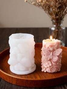 1个3D蝴蝶/花朵/叶子/蕾丝浮雕圆柱形硅胶模具 - 适用于DIY蜡烛/树脂/混凝土/水泥/石膏工艺品，可重复使用的硅胶材质，是手工装饰品和家居装饰的理想之选