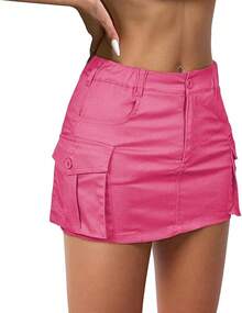 Womens Mini Cargo Skirts Y2k Denim Skirt With Pockets Low Waist Button Jean Skirts For Women - 玫紅色 - 查看 1