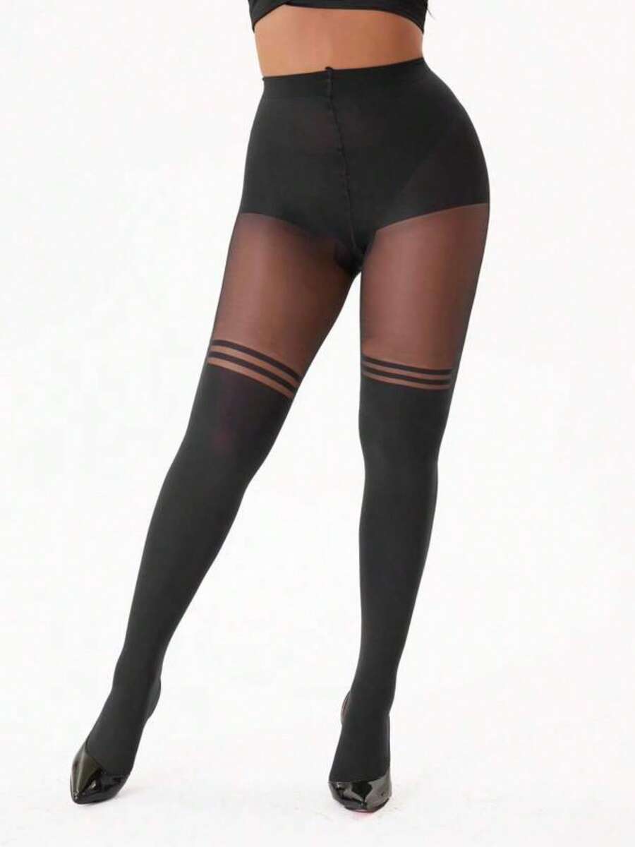 1pc Women's Faux Thigh High Patterned Sexy Fashionable Pantyhose - Black - View 1