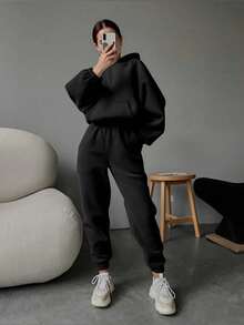 两件套保暖舒适女士宽松长袖连帽衫（带口袋）和运动裤，适合秋冬春季日常/办公/居家穿着，黑色 - 黑色 - 查看 8