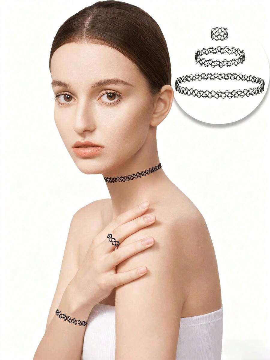 1pc Necklace / 3pcs Necklace + Bracelet + Ring Tattoo Choker Set: Necklace, Bracelet, Ring - Blending 90s Necklace Style With 2000s Y2K Vintage Fashion - Stretchy Tattoo-Inspired Jewelry Accessories For Adults