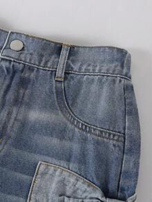 1pc Girls Casual Street Style Comfortable Everyday Versatile Applique Big Bow Blue Snowflake Washed Denim Jeans - Light Wash - View 5