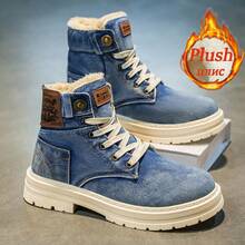 Botas de nieve casuales, deportivas y para exteriores con efecto de denim y bordado de letras para hombres - Azul - Ver 2