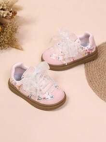 1 Pair Girls' Floral Pattern Lace Decorated Fabric Comfortable Low-Top Sneakers With Ribbon Flat Style, Sweet And Cute Children's Casual Shoes Suitable For Daily Play And Shopping