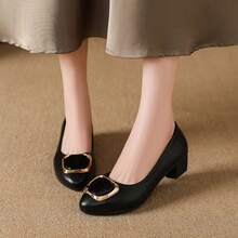 High Heel Pumps, Commute Thick Heel Low Vamp Round Toe Lightweight Soft Bottom Work Shoes, Non-Fatiguing Women's Flats, Square Buckle Mid Heel Flight Attendant Shoes, Black Comfortable Formal Dress Shoes To Pair With Suits, Elegant High Heels Suitable For All Seasons, Solid Color PU Leather Women Shoes - Black - View 2