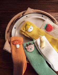 1 Piece Baby Cotton Socks, Medium Length, Cute With Cute Animal And Fruit Appliques, Upholstery - 亮橙色 - 查看 4