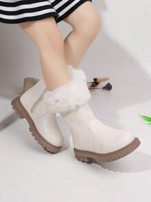 1 Pair Girls Autumn/Winter Warm Thermal Lined Waterproof PU Imitation Leather Comfortable Versatile Soft Bottom Lightweight Indoor/Outdoor Casual Boots, Children - White - View 2
