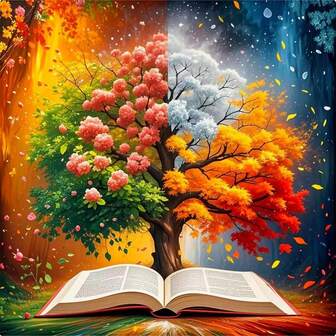 5D Diamond Painting Kit Suitable For Adults, Life Tree & Magical Seasons And Sacred Book Full Drill Art, DIY Shiny Gem Dot Spiritual Wall Decor, Gift For Spiritual Art Lovers - Unframed Diamond Painting Kit, Ideal For Living Room & Bedroom Decoration