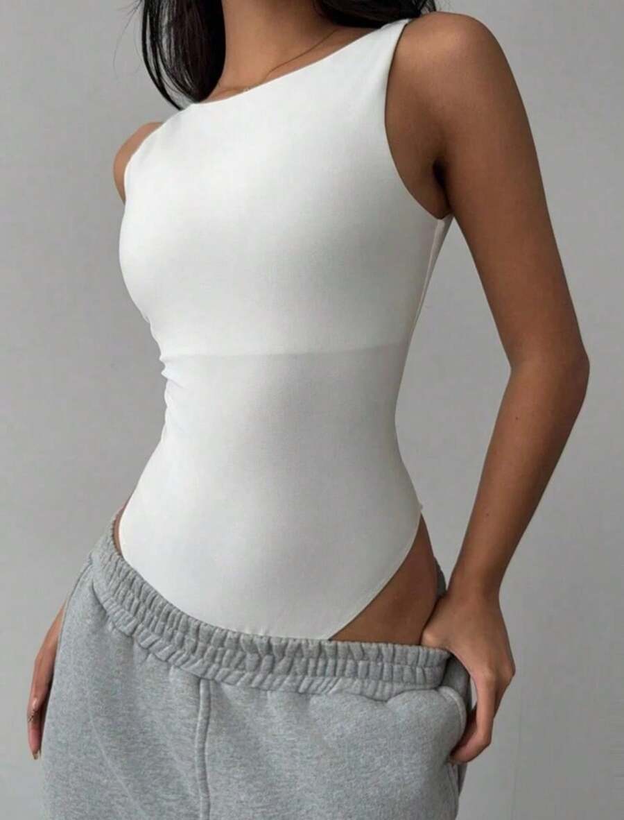 Women's Sleeveless Leotard Bodysuit U-Neck Low Neck Basic Casual Suplex Without Pad - 白色 - 查看 1