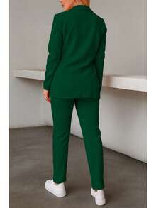 Elegante conjunto de traje azul de manga larga para mujer con cuello chal pantalones largos y detalles de botones - Verde Oscuro - Ver 4