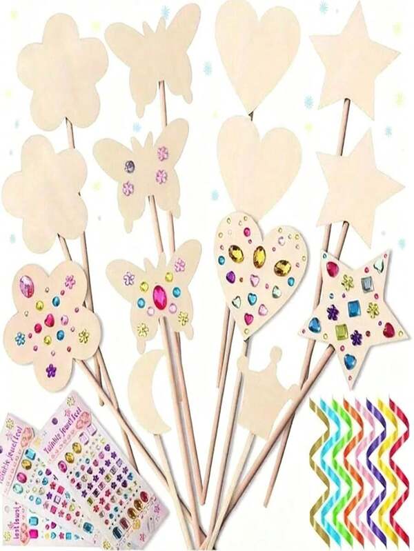 12pcs Princess DIY Magic Wand Craft Set, Includes 6 Unfinished Wooden Fairy Shapes (Flower, Butterfly, Heart, Star, Crescent Moon, And Crown), 6 Wooden Discs, And Stickers (Random Color Assortment). This Educational Hand-Painted Wooden DIY Craft Kit Is Perfect For Family Gatherings, Birthday Parties, Craft Activities, And Creative Gifts. Children's Arts & Crafts