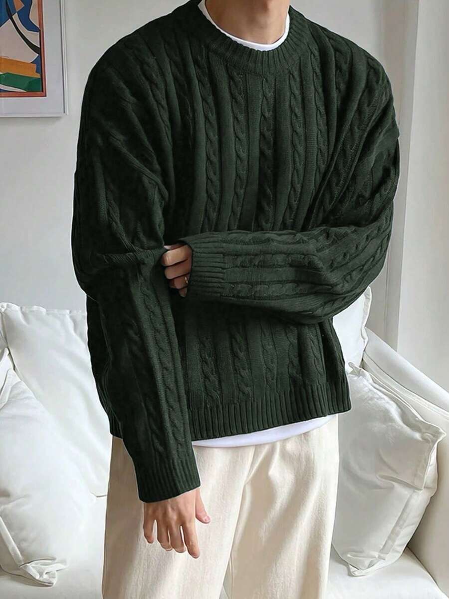 White Yue Casual Thick Twist Rope Button Dropped Shoulder Round Neck Sweater For Men, Suitable For Commuting, Autumn/Winter New, Christmas, New Year And Other Occasions, Long Sleeve Top - Green - View 1