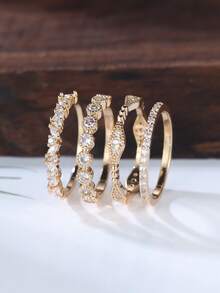 1 Set Of Gold & Emerald Green Zirconia Braided Rings, 4pcs/Set, Elegant Jewelry Suitable For Formal Events And Parties - Yellow Gold - View 4
