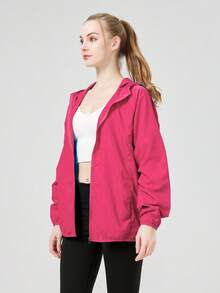 1件女款夏季超薄連帽運動夾克，純色長袖女上衣，女款戶外休閒運動服，附收納口袋 - 玫瑰紅 - 查看 3
