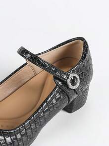 Women's Square Toe Casual Comfortable Rhinestone Buckle Chunky Heel Soft Bottom Work Shoes - Black - View 8