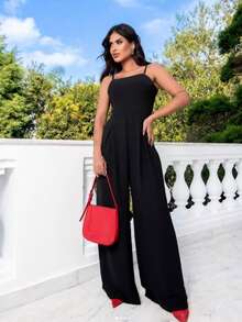 Women's Long Palazzo Jumpsuit VARIOUS COLORS Simple Backless / Backless Ruched Butterfly Knot Wedding Birthday Party - màu đen - Xem 1