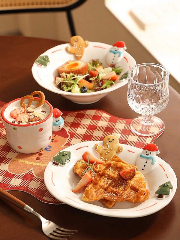 1pc Christmas Snowman Cookie Relief Plate, High-Quality Ceramic Dining Bowl, Coffee Mug, Dessert Plate, Soup/Noodle Bowl