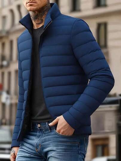 Abrigo acolchado de unicolor de manga larga para hombre, chaqueta acolchada con cremallera casual y cálida para hombre, cómoda y de moda para uso casual al aire libre, otoño/invierno