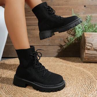 Women's Solid Color Thick Sole Elastic Fashionable Lightweight Non-Slip Casual Versatile Sport Ankle Boots