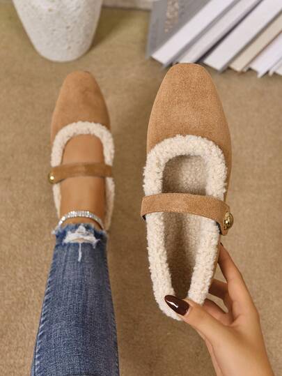 Fall/Winter Plus Size Women's Warm Thermal Lined Flat Shoes, Fashion All Season Metal Buckle Solid Color Woven Pattern Ballet Flats, Mary Jane Loafers. Suitable For Daily Wear, Walking, Work, Vacation, Parties, Weddings, Fashion Shows. Pairs Well With Skirts, Pants, Dresses, Sweaters, Down Jackets, Hoodies, Blazers.,Fur Shoes