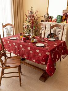 1pc Merry Christmas Red Tablecloth, Golden Christmas Tree Pattern, 3D Bamboo Knot Texture, Rectangular Dining Table Cover, Washable, Suitable For Kitchen, Dining Room, Living Room, Meals, Gatherings, Parties, Holiday Events, New Year Decoration, Christmas Decoration, Gifts, Autumn Decor