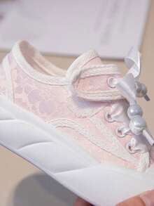 1 Pair Girls' Pearl Bow Hook And Loop Canvas Sneakers, Princess Style, Suitable For School, Spring/Autumn, Everyday Wear
