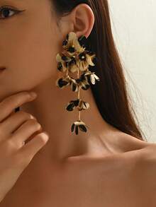 1对时尚夸张雪纺豹纹花朵流苏耳环，轻盈奢华的多层花朵豹纹耳环，适合女性日常、派对和假日佩戴（手工制作，可能存在轻微胶水痕迹） - 米色 - 查看 2