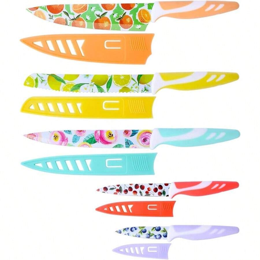 Knife Set, 10 - Piece Kitchen Knife Set Nonstick Coated With 5 Blade Guard, Multicolored Fruit Knives