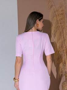 Long Dress With Short Sleeves With Belt Formal And Evening V775 - Baby Pink - View 6